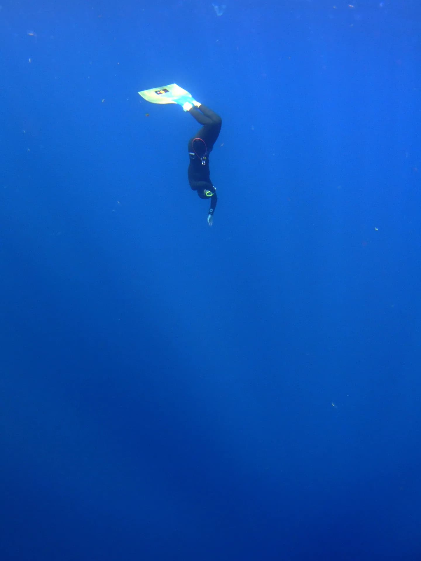 Freediver descending into deep blue water