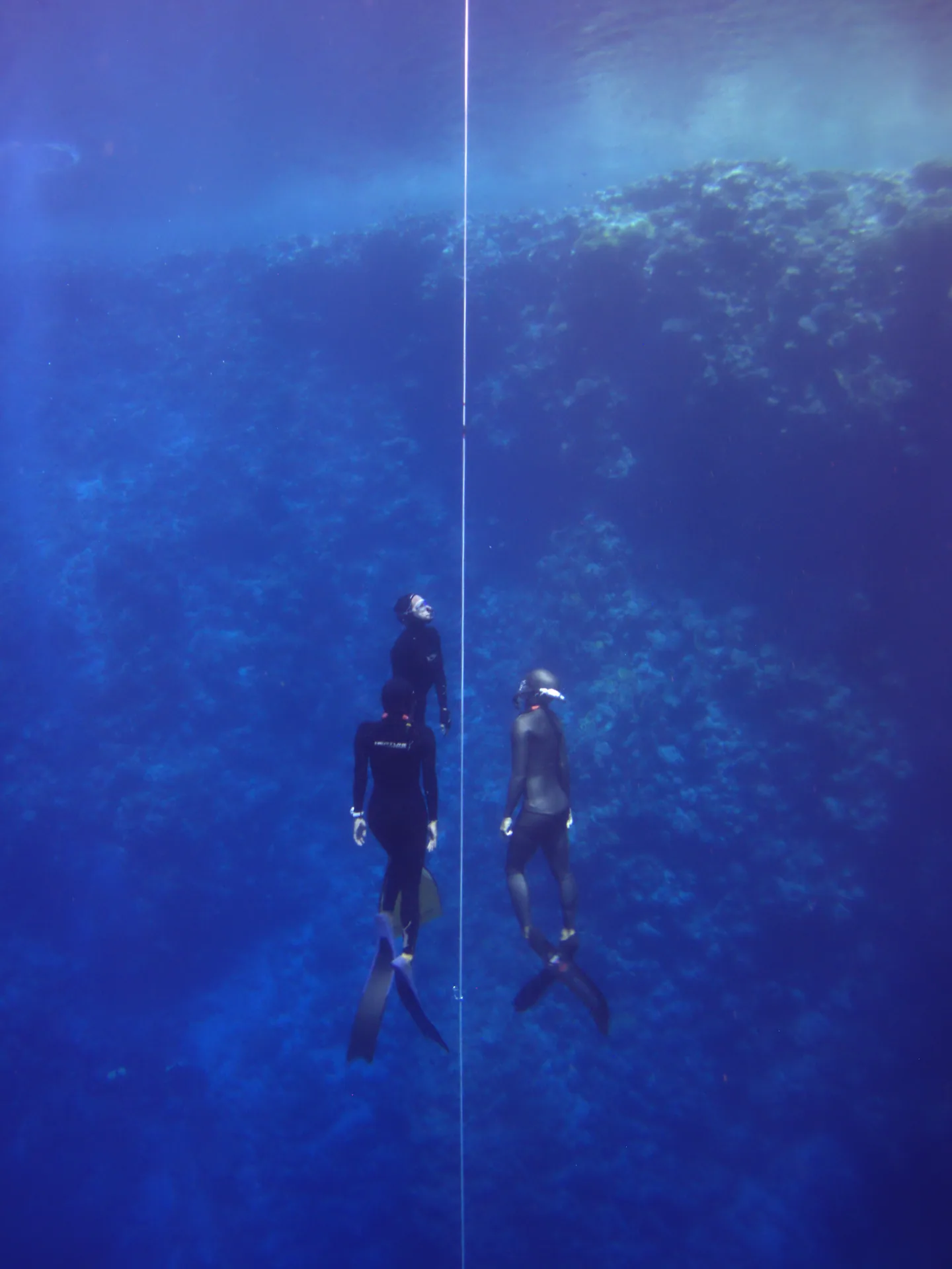 Freedivers ascending from depth in a deep blue ocean